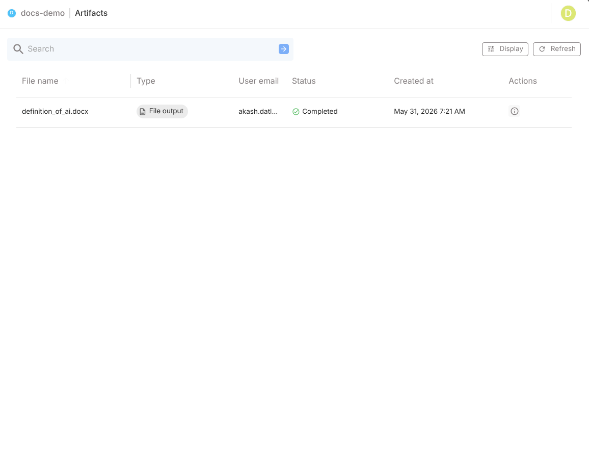 Artifacts list and details action