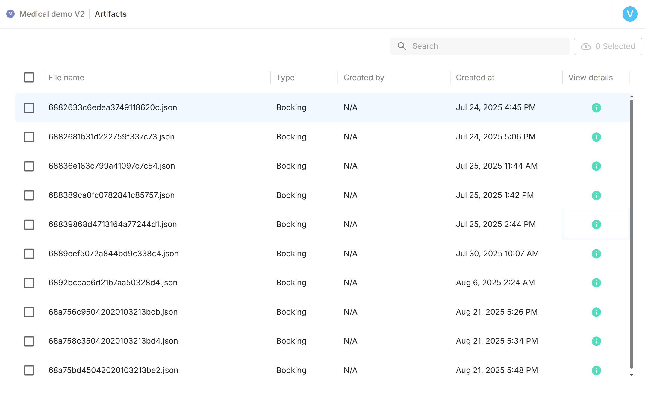 Artifacts tableâfile list with details action