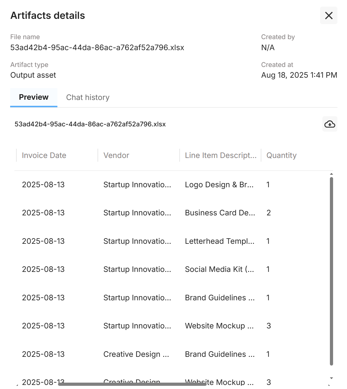 Artifact detailsâXLSX/CSV preview