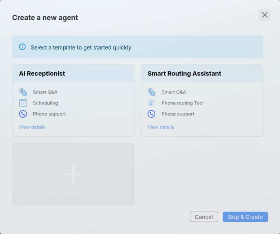 Create new agent dialog