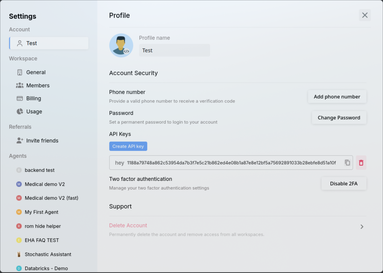 Profile and API key settings panel