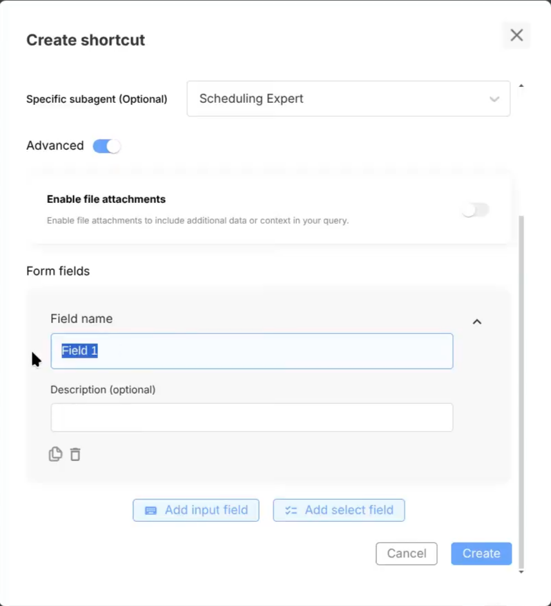 Advanced shortcut with form fields
