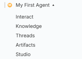 Agent menu – Studio, Interact, Knowledge